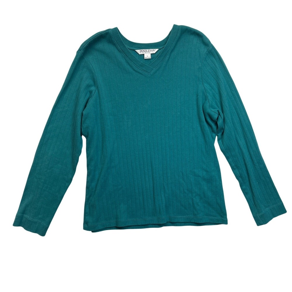 Pendleton Sweater Womens L Petite Teal V-neck LS Pullover Cotton Classic